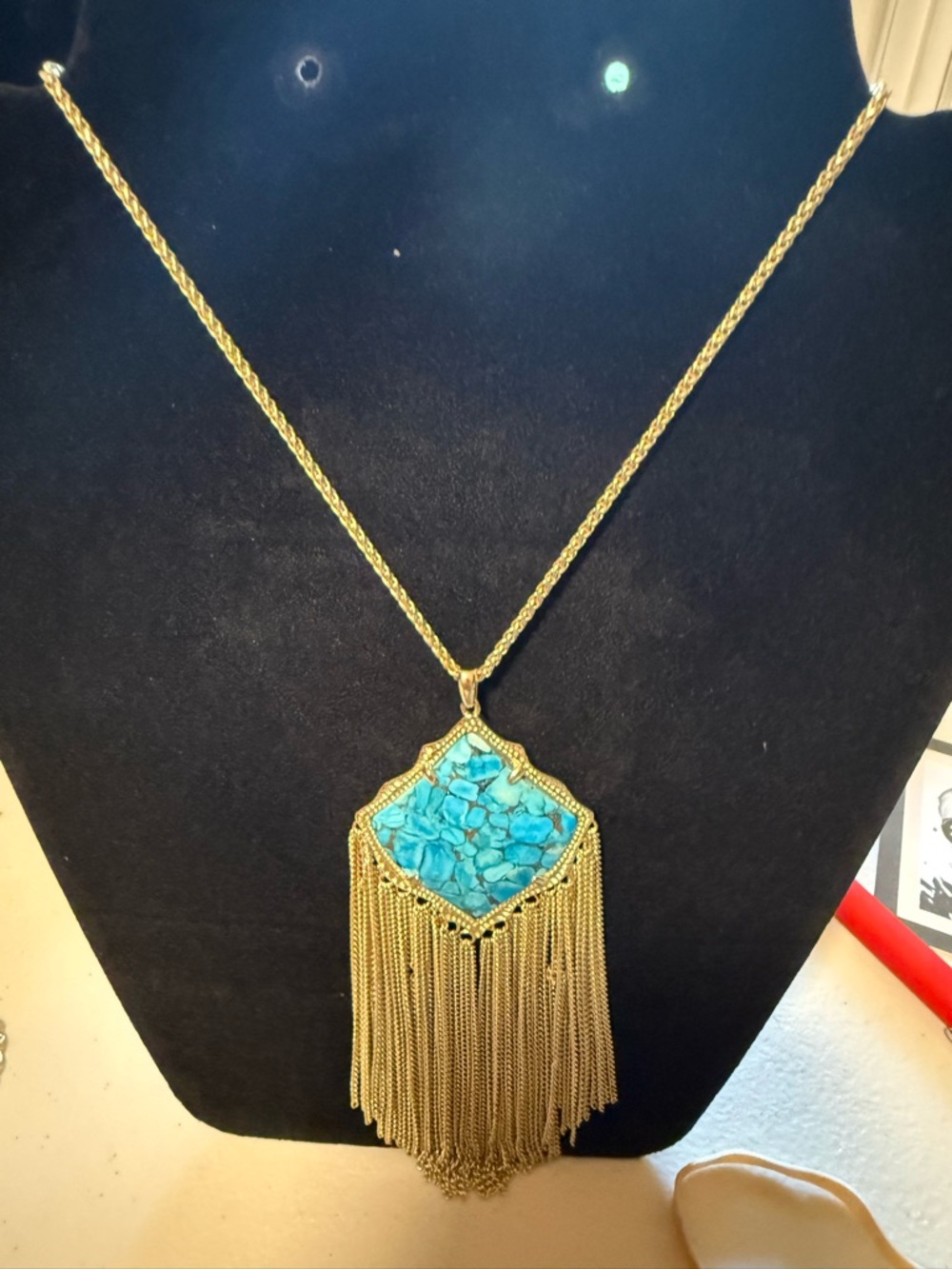Kendra Scott Gold Chain Necklace with Turquoise Mosaic Pendant and Fringe